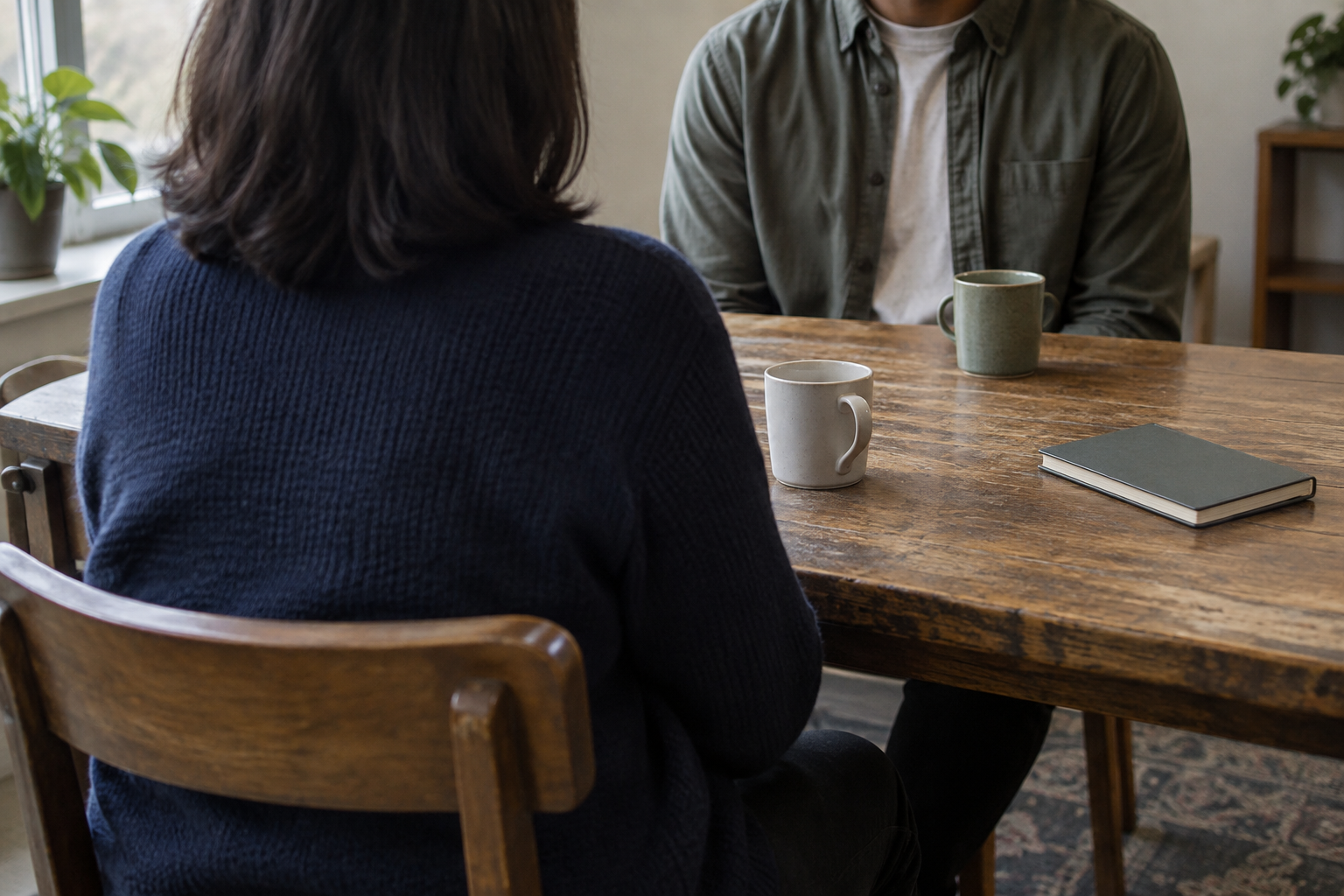 Illustrative scene of two people seated across a table, viewed without showing their faces.